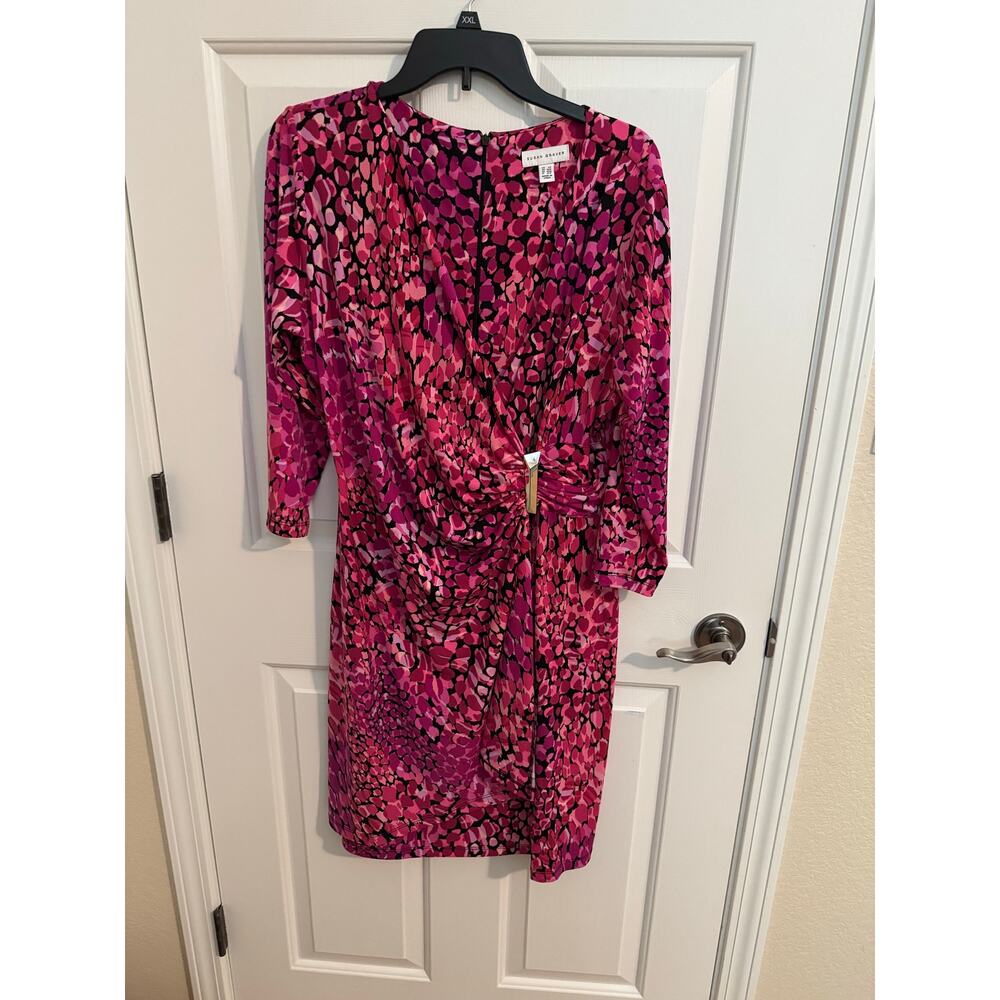 Susan Graver New Liquid Knit Pink Black Leopard Animal Print Faux Wrap Dress LP